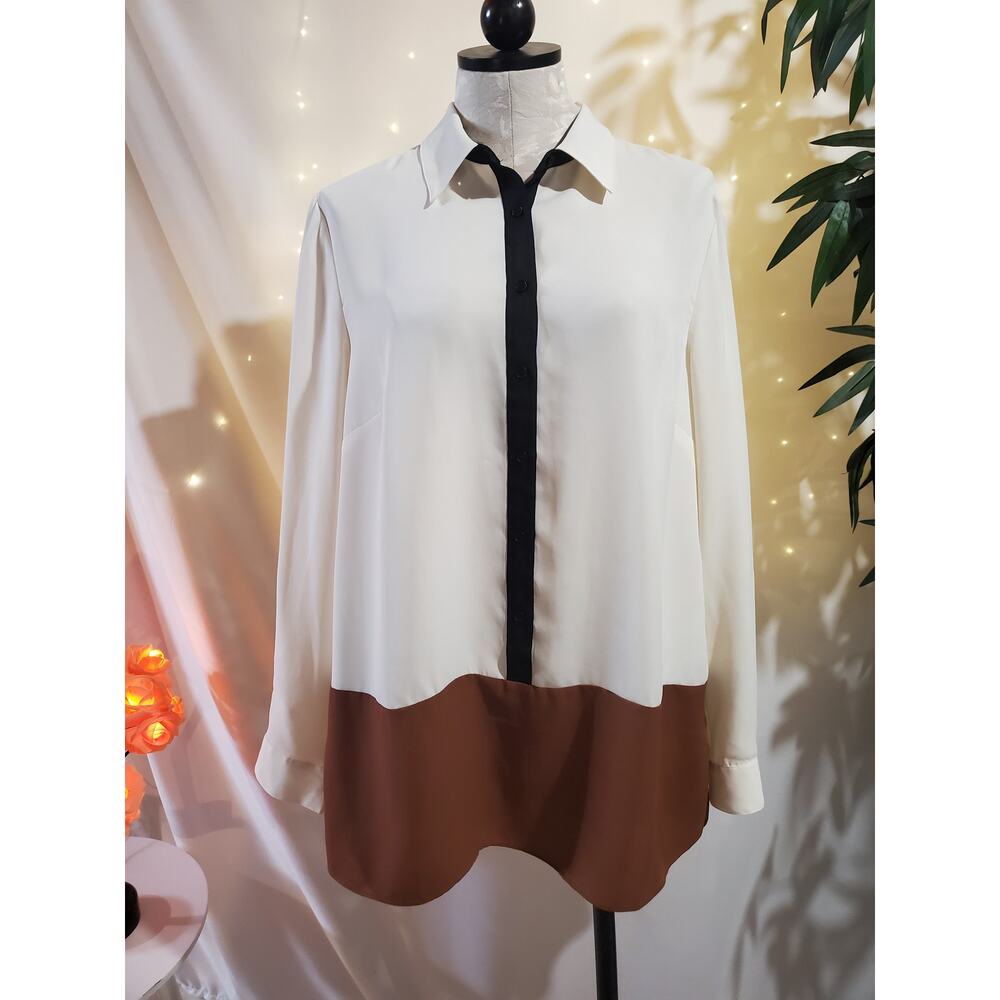 Talbots Colorblock Button Up Roll Tab Sleeve Tunic Blouse Womens Size L Top